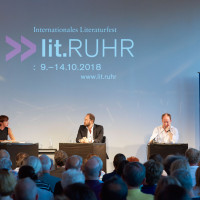 lit.RUHR 2018: Sabine Scholt, Olivier Guez und Ulrich Noethen © Palazzo